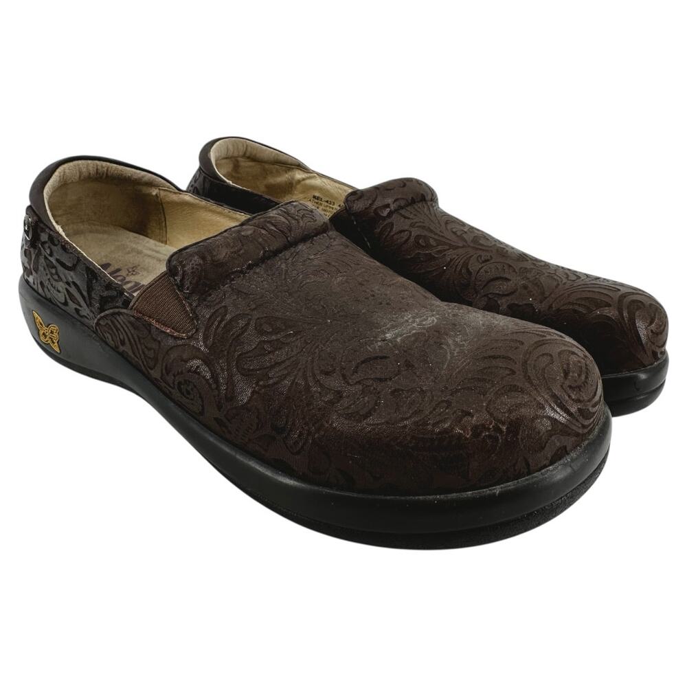 Alegria Keli Professional Clogs Leather Slip-Resistant Floral Embossed Brown 10